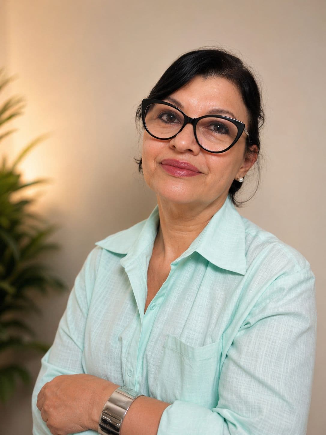 Ivanete Romano com camisa verde água em retrato profissional